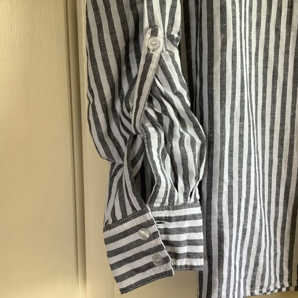 Rachel Hollis Woven Linen Striped Henley Shirt Grey White SZ 14 - Picture 6 of 16